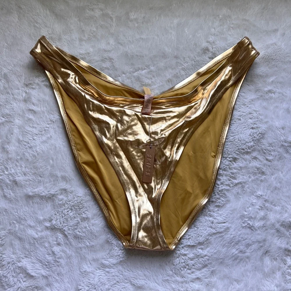SKIMS Metallic Swim Dipped Front Bikini Bottom Gold SW-BKN-0032 Plus Size 4X NEW